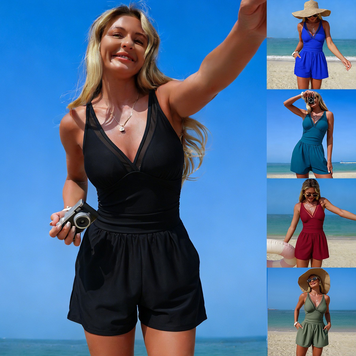 Swimsuit Bikini Ruched - Siyah Düz Renk Kolsuz V Yaka