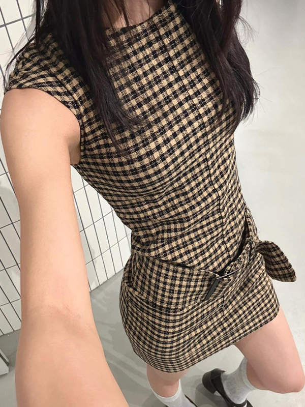 Linen Dress Wrap - Retro Kore Ekose Zayıflama Yelek Elbise
