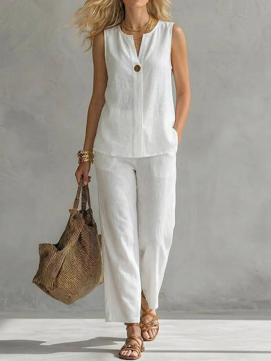 Tek Düğmeli Kolsuz Keten 2 Par - Linen Pant Wide incelemesi ve fiyatı